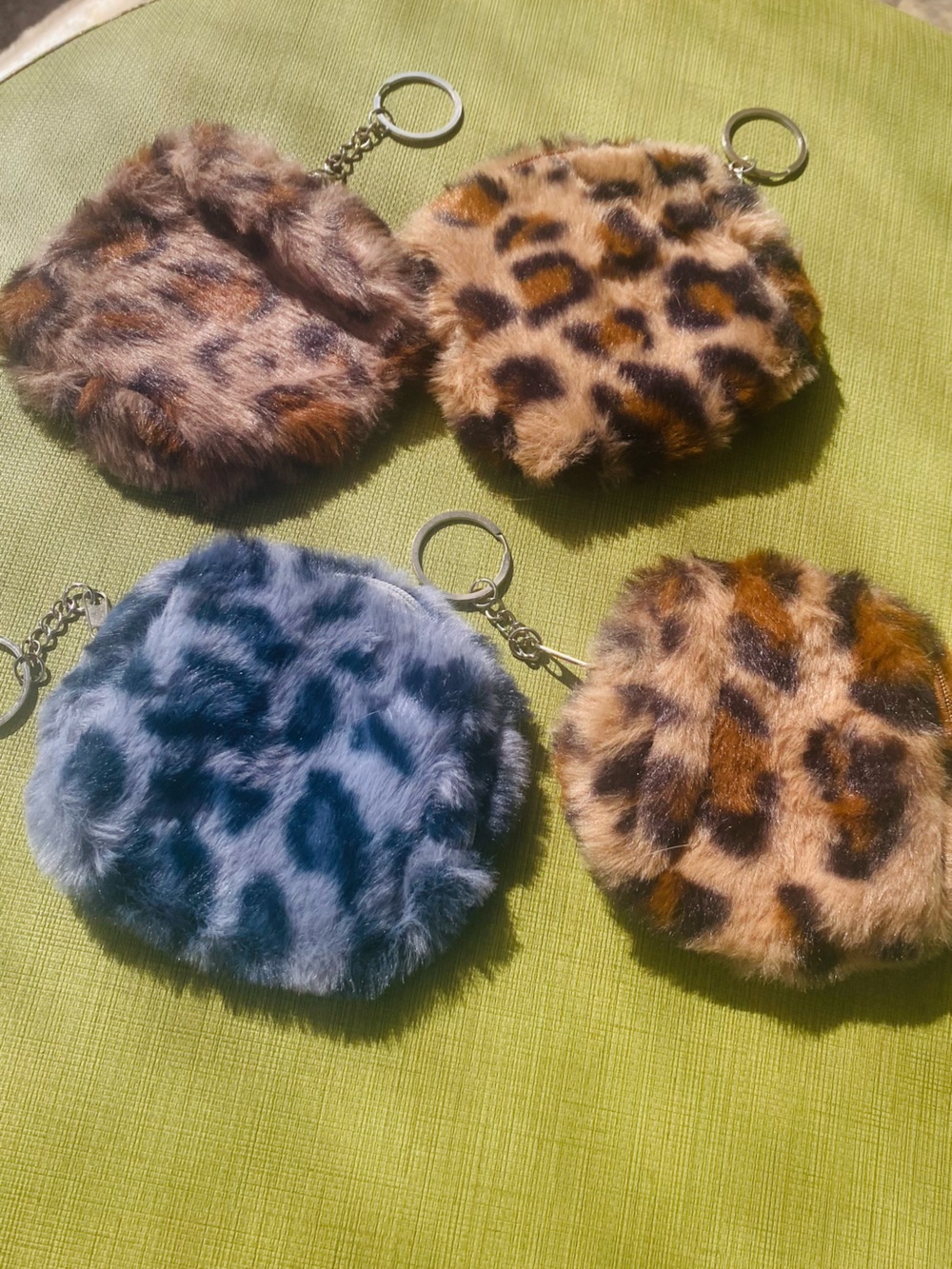 Faux Fur Leopard Print Coin Pouch Keychain - Kids Accessories - Brown & Gray